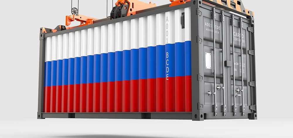 Container with Russia Flag and Crane Hook. 3D rendering