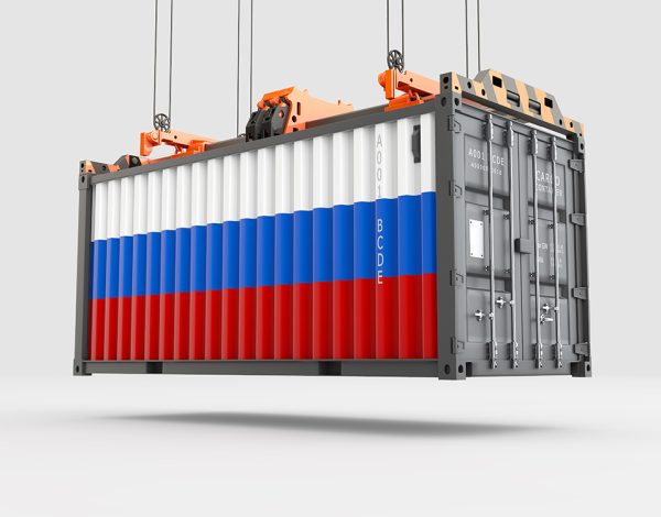 Container with Russia Flag and Crane Hook. 3D rendering